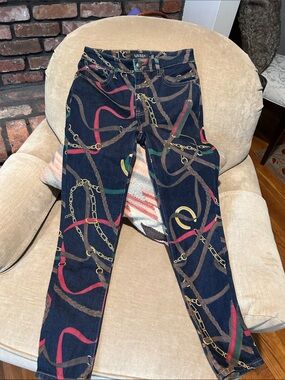 Lauren Ralph Lauren Navy Jeans with Gold Chain & Red Green Rope Print